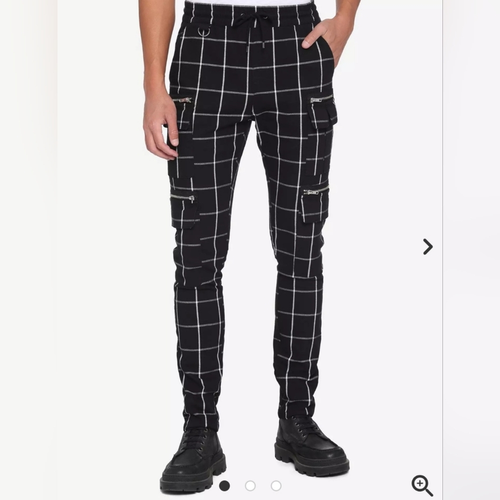 Hot Topic Black & White Grid Cargo Jogger Pants Mens Large